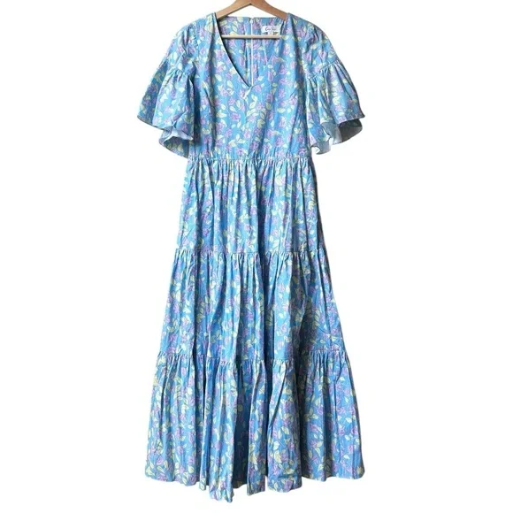 Coco Shop Short Sleeve Bell Sleeve Tiered V Neck MIDI Dress Blue Floral Sz S